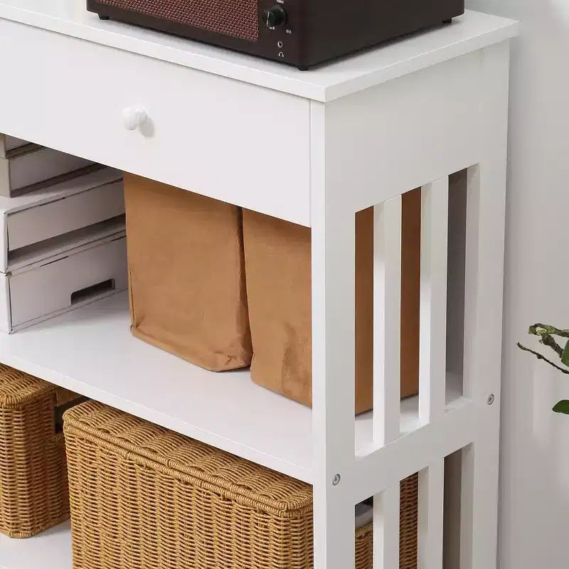 HOMCOM Console Hallway Table with Extra Wide Pull Out Drawer, 2 Open Shelves and Slatted Wood Frame Design