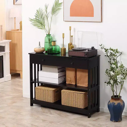 HOMCOM Console Hallway Table with Extra Wide Pull Out Drawer, 2 Open Shelves and Slatted Wood Frame Design