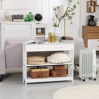 HOMCOM Console Hallway Table with Extra Wide Pull Out Drawer, 2 Open Shelves and Slatted Wood Frame Design