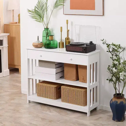 HOMCOM Console Hallway Table with Extra Wide Pull Out Drawer, 2 Open Shelves and Slatted Wood Frame Design