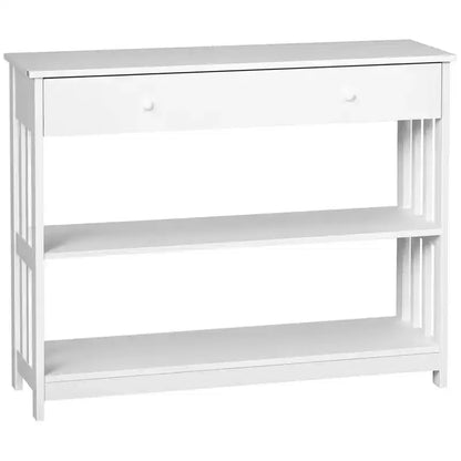 HOMCOM Console Hallway Table with Extra Wide Pull Out Drawer, 2 Open Shelves and Slatted Wood Frame Design