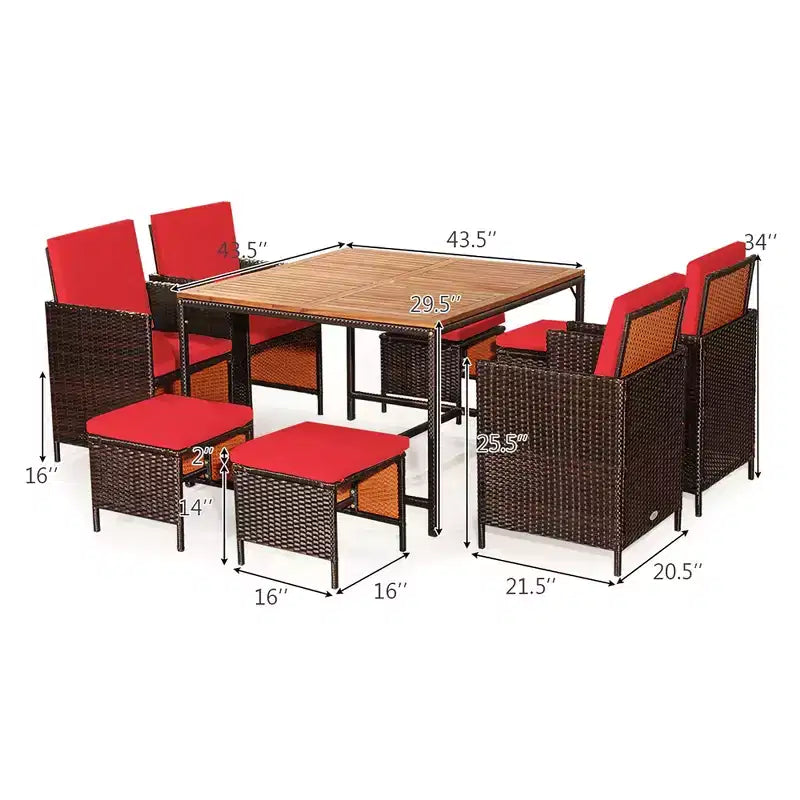 Costway Set da Pranzo 9 Pezzi in Rattan da Esterno con Sedie Imbottite Pouf Tavolo con Piano in Legno Bianco/Rosso/Nero