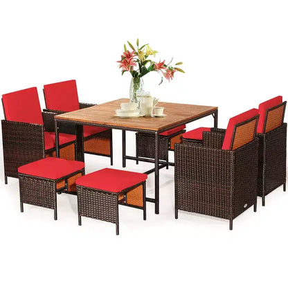 Costway Set da Pranzo 9 Pezzi in Rattan da Esterno con Sedie Imbottite Pouf Tavolo con Piano in Legno Bianco/Rosso/Nero