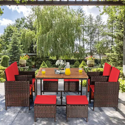 Costway Set da Pranzo 9 Pezzi in Rattan da Esterno con Sedie Imbottite Pouf Tavolo con Piano in Legno Bianco/Rosso/Nero