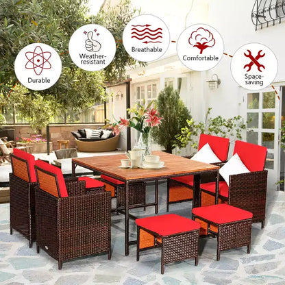 Costway Set da Pranzo 9 Pezzi in Rattan da Esterno con Sedie Imbottite Pouf Tavolo con Piano in Legno Bianco/Rosso/Nero