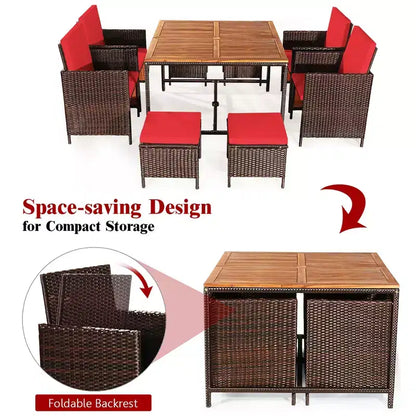 Costway Set da Pranzo 9 Pezzi in Rattan da Esterno con Sedie Imbottite Pouf Tavolo con Piano in Legno Bianco/Rosso/Nero
