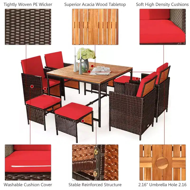 Costway Set da Pranzo 9 Pezzi in Rattan da Esterno con Sedie Imbottite Pouf Tavolo con Piano in Legno Bianco/Rosso/Nero