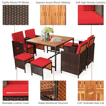 Costway Set da Pranzo 9 Pezzi in Rattan da Esterno con Sedie Imbottite Pouf Tavolo con Piano in Legno Bianco/Rosso/Nero