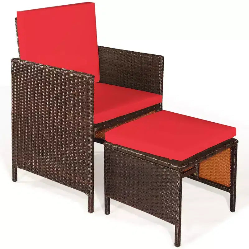 Costway Set da Pranzo 9 Pezzi in Rattan da Esterno con Sedie Imbottite Pouf Tavolo con Piano in Legno Bianco/Rosso/Nero