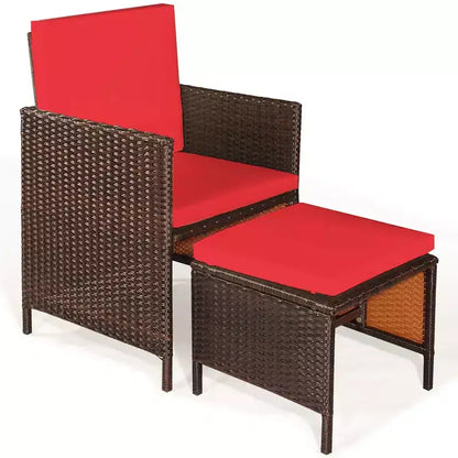 Costway Set da Pranzo 9 Pezzi in Rattan da Esterno con Sedie Imbottite Pouf Tavolo con Piano in Legno Bianco/Rosso/Nero
