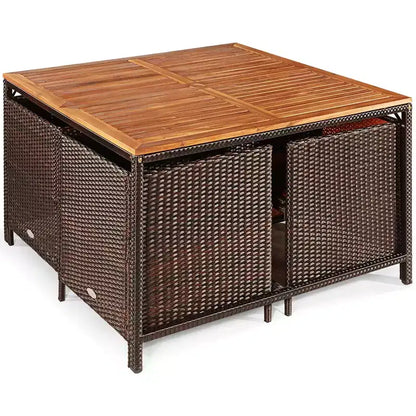Costway Set da Pranzo 9 Pezzi in Rattan da Esterno con Sedie Imbottite Pouf Tavolo con Piano in Legno Bianco/Rosso/Nero