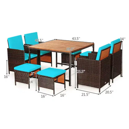 Costway Set da Pranzo 9 Pezzi in Rattan da Esterno con Sedie Imbottite Pouf Tavolo con Piano in Legno Bianco/Rosso/Nero
