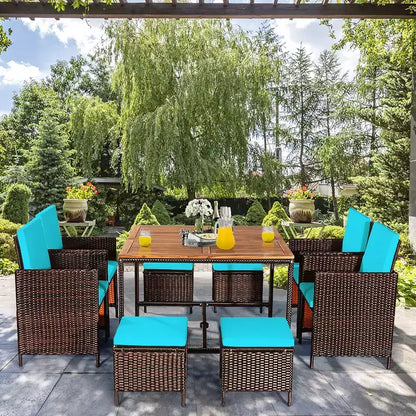 Costway Set da Pranzo 9 Pezzi in Rattan da Esterno con Sedie Imbottite Pouf Tavolo con Piano in Legno Bianco/Rosso/Nero