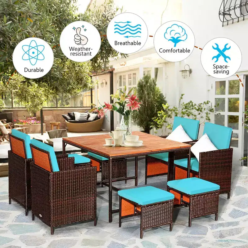 Costway Set da Pranzo 9 Pezzi in Rattan da Esterno con Sedie Imbottite Pouf Tavolo con Piano in Legno Bianco/Rosso/Nero