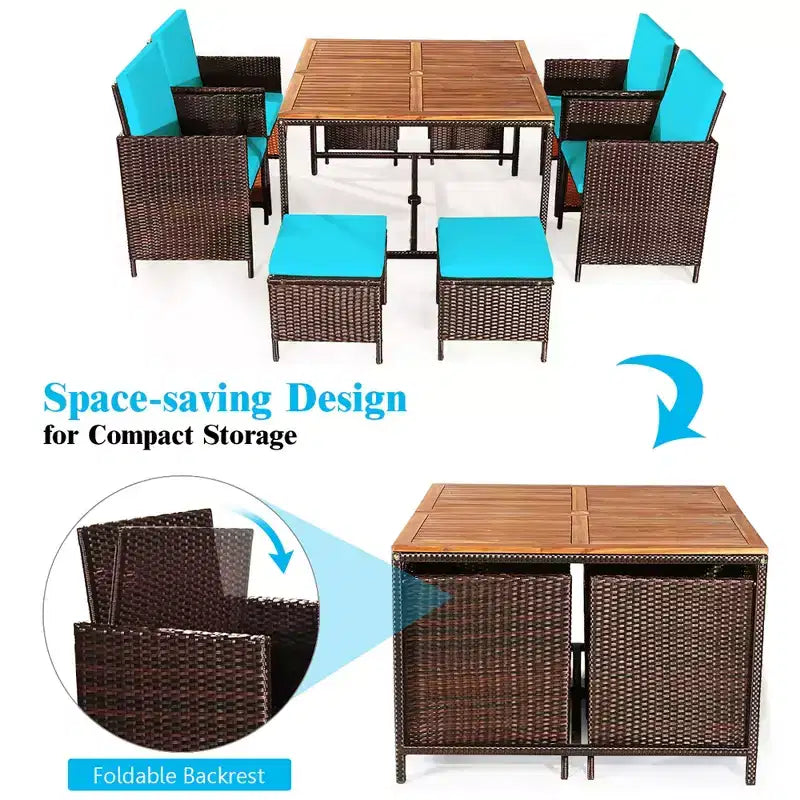 Costway Set da Pranzo 9 Pezzi in Rattan da Esterno con Sedie Imbottite Pouf Tavolo con Piano in Legno Bianco/Rosso/Nero