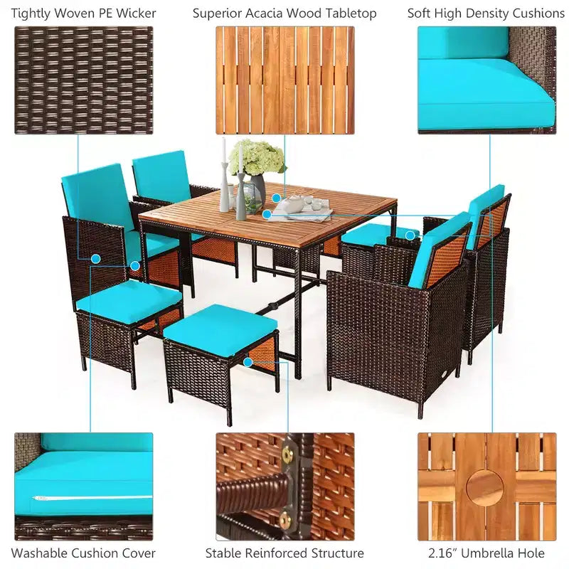 Costway Set da Pranzo 9 Pezzi in Rattan da Esterno con Sedie Imbottite Pouf Tavolo con Piano in Legno Bianco/Rosso/Nero