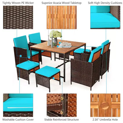 Costway Set da Pranzo 9 Pezzi in Rattan da Esterno con Sedie Imbottite Pouf Tavolo con Piano in Legno Bianco/Rosso/Nero