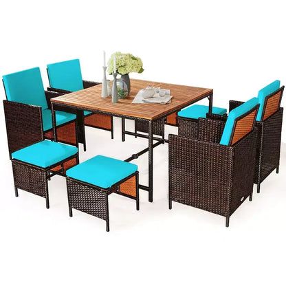 Costway Set da Pranzo 9 Pezzi in Rattan da Esterno con Sedie Imbottite Pouf Tavolo con Piano in Legno Bianco/Rosso/Nero