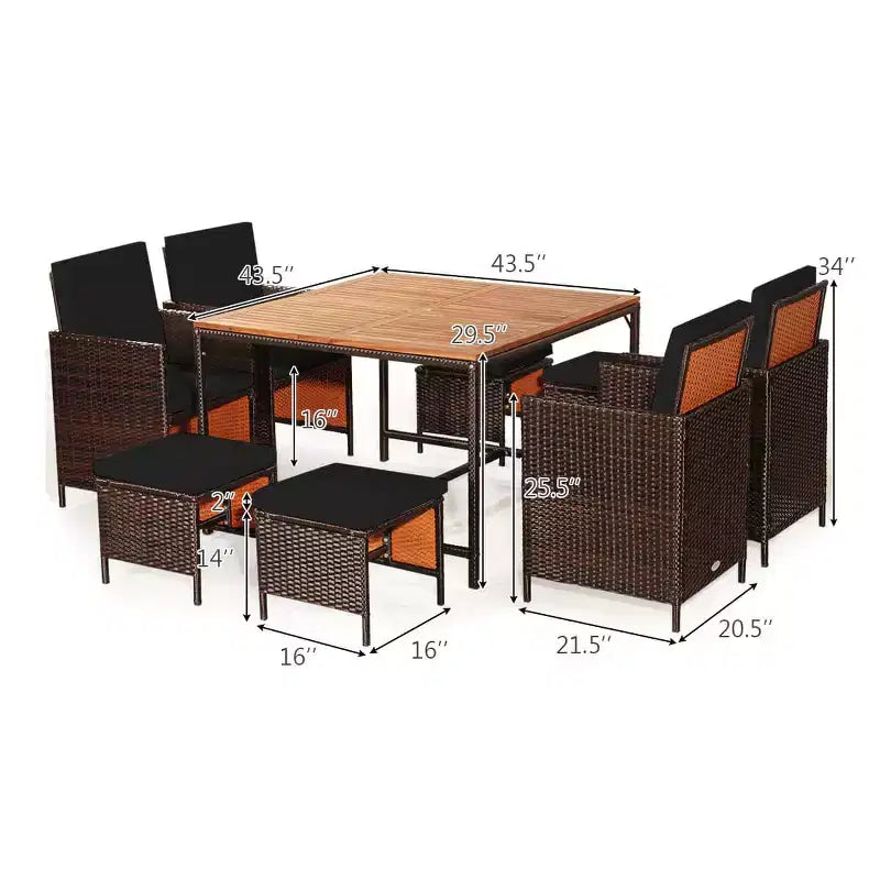 Costway Set da Pranzo 9 Pezzi in Rattan da Esterno con Sedie Imbottite Pouf Tavolo con Piano in Legno Bianco/Rosso/Nero