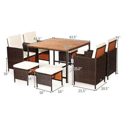 Costway Set da Pranzo 9 Pezzi in Rattan da Esterno con Sedie Imbottite Pouf Tavolo con Piano in Legno Bianco/Rosso/Nero