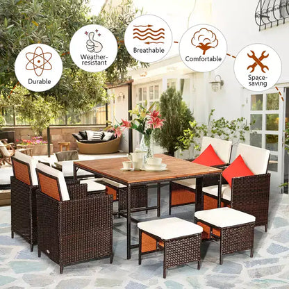 Costway Set da Pranzo 9 Pezzi in Rattan da Esterno con Sedie Imbottite Pouf Tavolo con Piano in Legno Bianco/Rosso/Nero