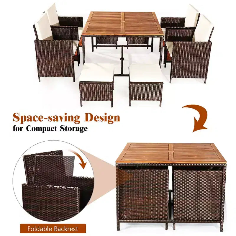 Costway Set da Pranzo 9 Pezzi in Rattan da Esterno con Sedie Imbottite Pouf Tavolo con Piano in Legno Bianco/Rosso/Nero