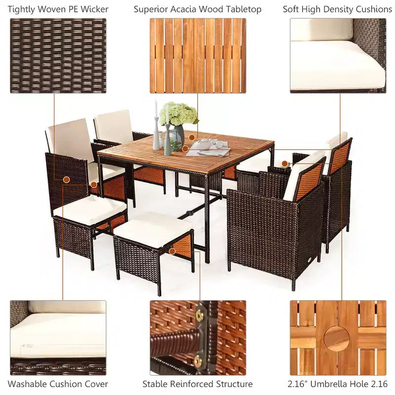 Costway Set da Pranzo 9 Pezzi in Rattan da Esterno con Sedie Imbottite Pouf Tavolo con Piano in Legno Bianco/Rosso/Nero