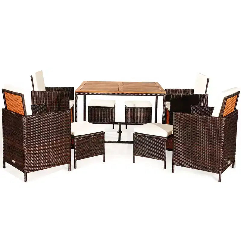 Costway Set da Pranzo 9 Pezzi in Rattan da Esterno con Sedie Imbottite Pouf Tavolo con Piano in Legno Bianco/Rosso/Nero