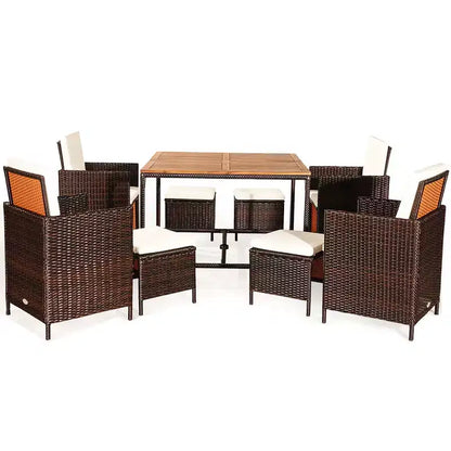 Costway Set da Pranzo 9 Pezzi in Rattan da Esterno con Sedie Imbottite Pouf Tavolo con Piano in Legno Bianco/Rosso/Nero