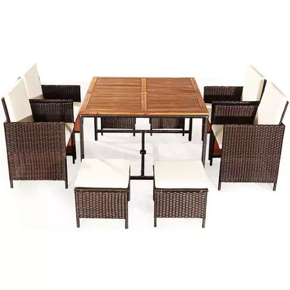 Costway Set da Pranzo 9 Pezzi in Rattan da Esterno con Sedie Imbottite Pouf Tavolo con Piano in Legno Bianco/Rosso/Nero