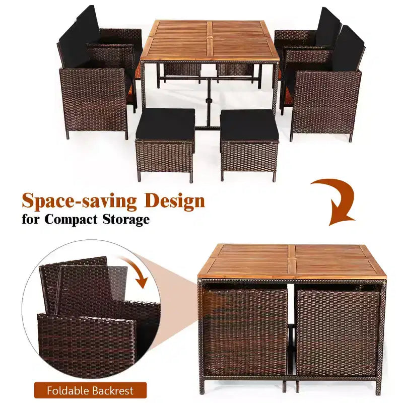 Costway Set da Pranzo 9 Pezzi in Rattan da Esterno con Sedie Imbottite Pouf Tavolo con Piano in Legno Bianco/Rosso/Nero
