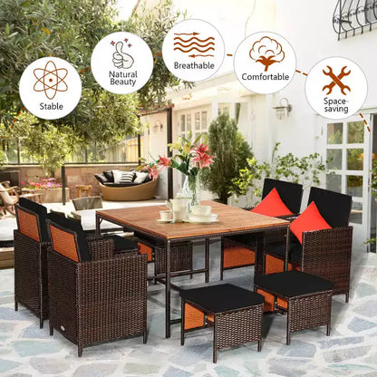 Costway Set da Pranzo 9 Pezzi in Rattan da Esterno con Sedie Imbottite Pouf Tavolo con Piano in Legno Bianco/Rosso/Nero