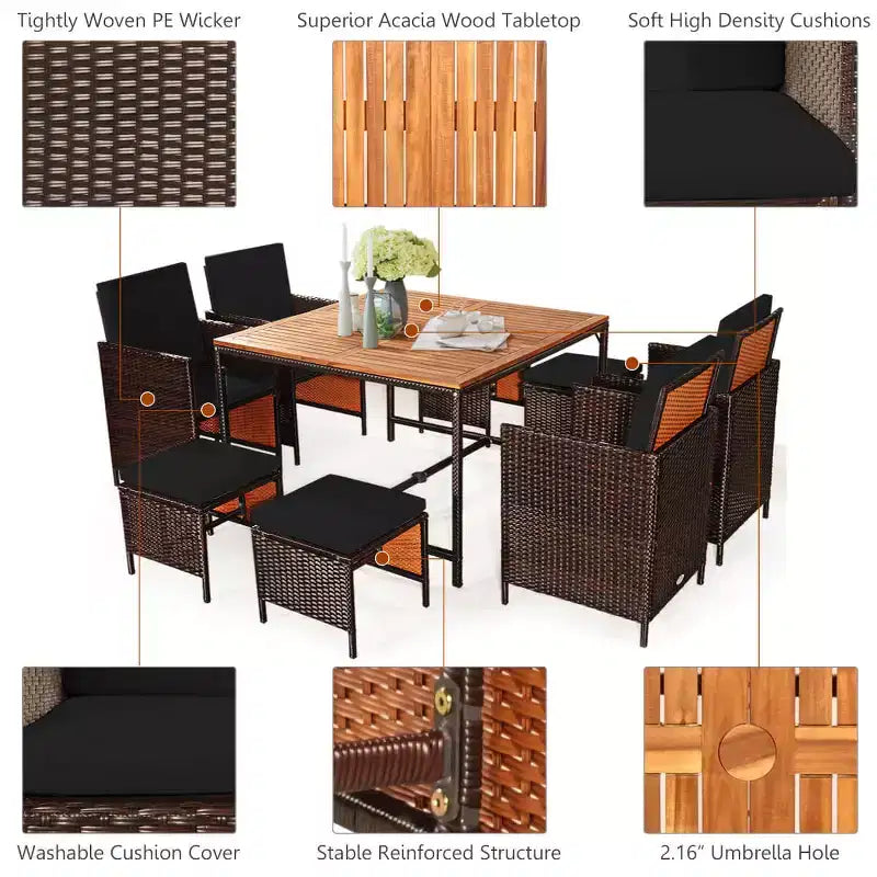 Costway Set da Pranzo 9 Pezzi in Rattan da Esterno con Sedie Imbottite Pouf Tavolo con Piano in Legno Bianco/Rosso/Nero