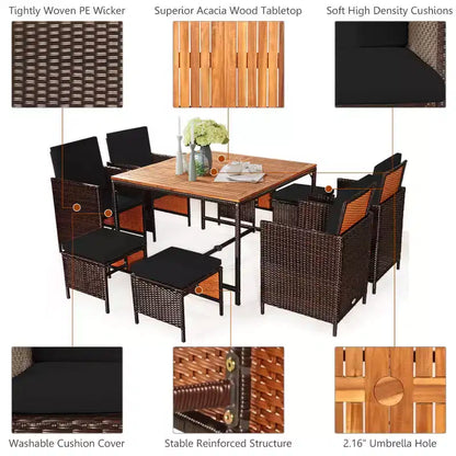 Costway Set da Pranzo 9 Pezzi in Rattan da Esterno con Sedie Imbottite Pouf Tavolo con Piano in Legno Bianco/Rosso/Nero