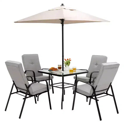 Set da pranzo per patio Costway 6 pezzi sedie impilabili ammortizzate tavolo in vetro con ombrellone