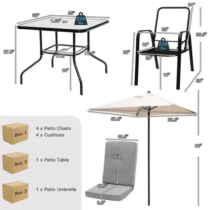 Set da pranzo per patio Costway 6 pezzi sedie impilabili ammortizzate tavolo in vetro con ombrellone