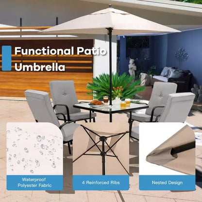Set da pranzo per patio Costway 6 pezzi sedie impilabili ammortizzate tavolo in vetro con ombrellone