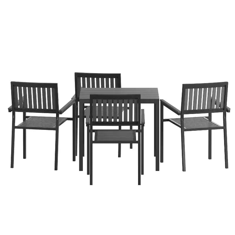 Set da pranzo Merrick Lane da 5 pezzi per interni/esterni con tavolo e quattro sedie con doghe in poliresina nera