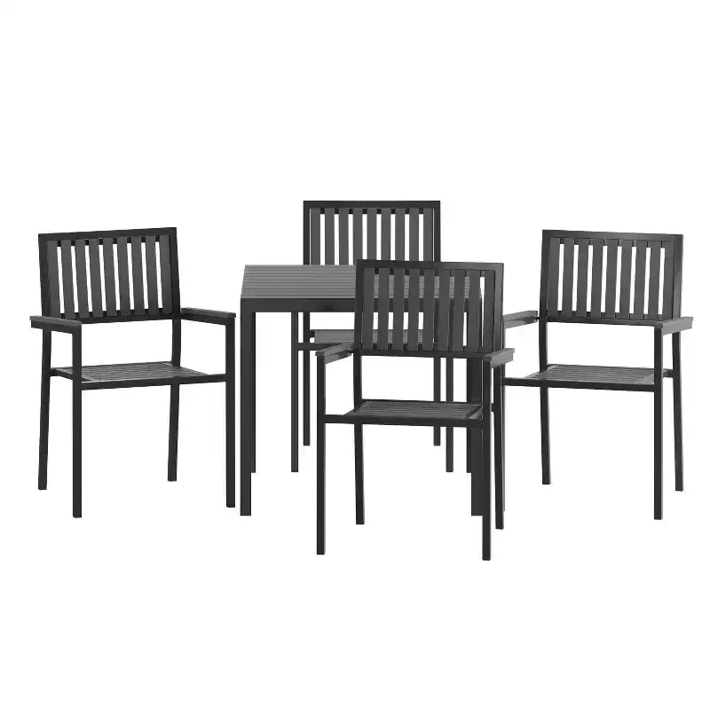 Set da pranzo Merrick Lane da 5 pezzi per interni/esterni con tavolo e quattro sedie con doghe in poliresina nera