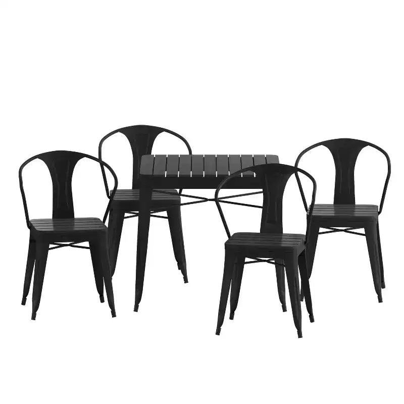 Set da patio Emma and Oliver moderno, 5 pezzi, resistente alle intemperie e alla ruggine, in acciaio nero e poliresina, con tavolo e 4 sedie, per interni ed esterni
