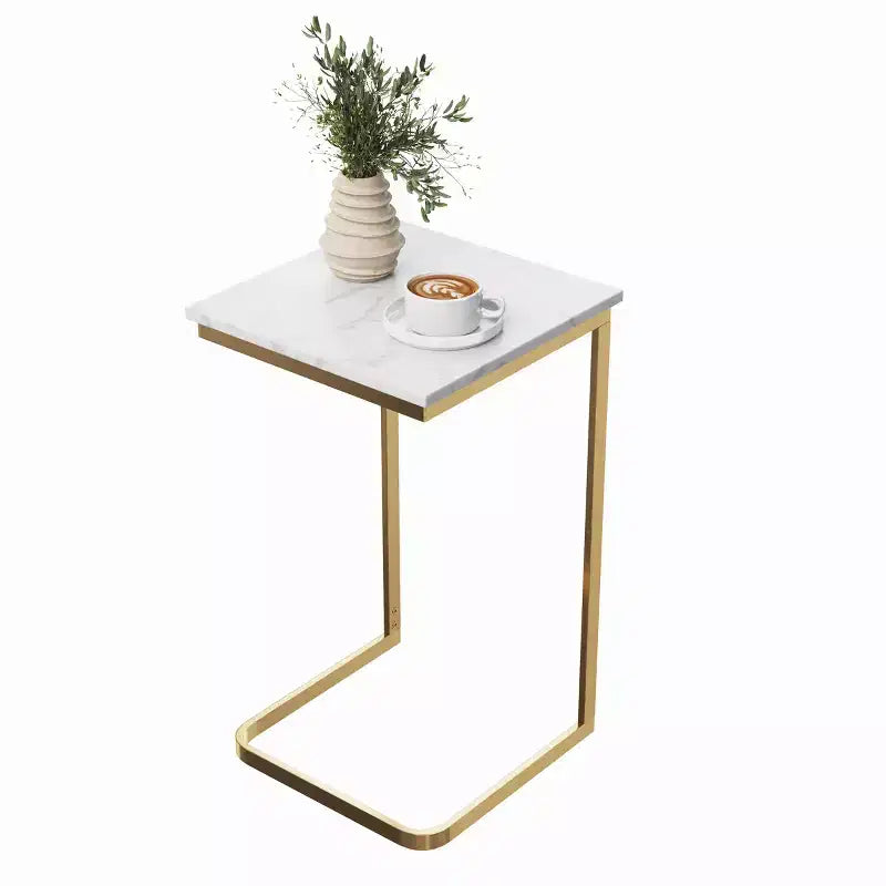 Lavish Home C-Shaped End Table - Real Marble Side Table with Gold Iron Frame for Couch, Loveseat or Bed - Modern Living Room Furniture, White