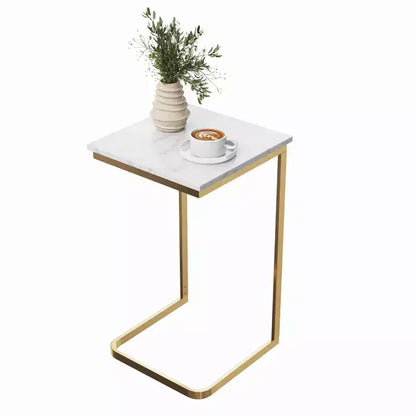 Lavish Home C-Shaped End Table - Real Marble Side Table with Gold Iron Frame for Couch, Loveseat or Bed - Modern Living Room Furniture, White