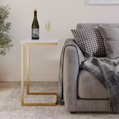 Lavish Home C-Shaped End Table - Real Marble Side Table with Gold Iron Frame for Couch, Loveseat or Bed - Modern Living Room Furniture, White