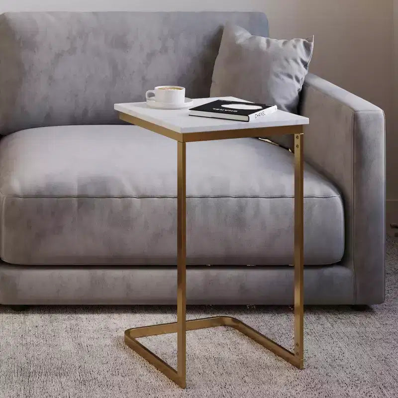 Lavish Home C-Shaped End Table - Real Marble Side Table with Gold Iron Frame for Couch, Loveseat or Bed - Modern Living Room Furniture, White