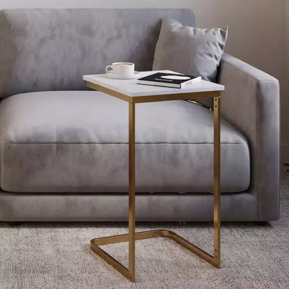 Lavish Home C-Shaped End Table - Real Marble Side Table with Gold Iron Frame for Couch, Loveseat or Bed - Modern Living Room Furniture, White