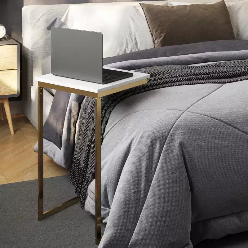 Lavish Home C-Shaped End Table - Real Marble Side Table with Gold Iron Frame for Couch, Loveseat or Bed - Modern Living Room Furniture, White