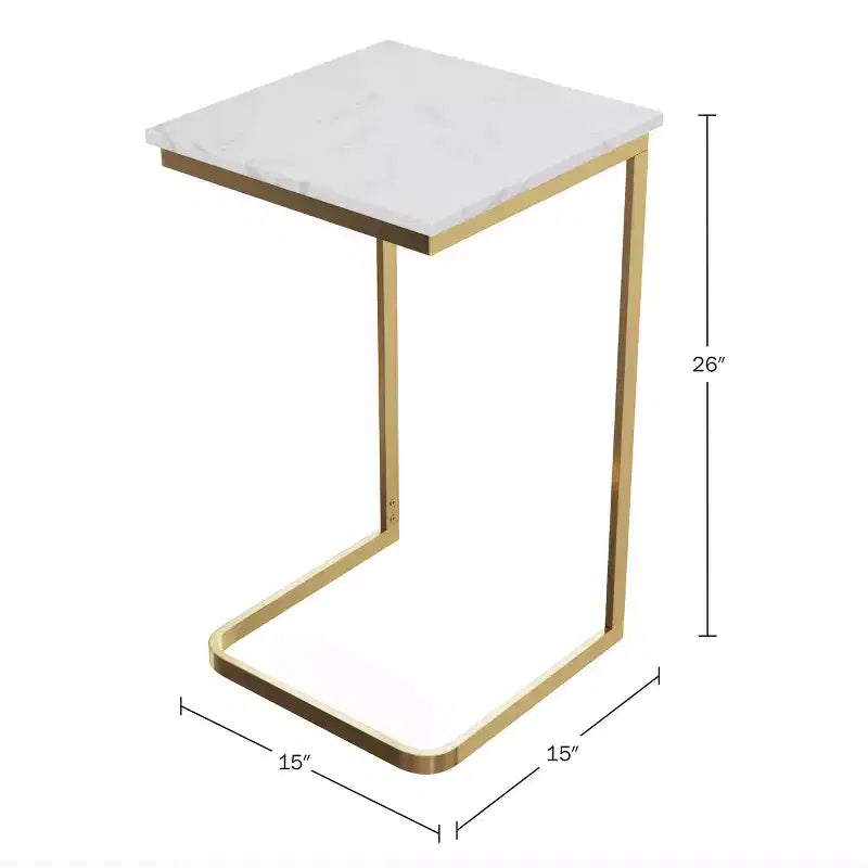 Lavish Home C-Shaped End Table - Real Marble Side Table with Gold Iron Frame for Couch, Loveseat or Bed - Modern Living Room Furniture, White