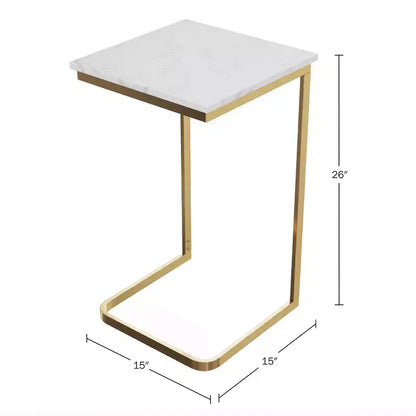 Lavish Home C-Shaped End Table - Real Marble Side Table with Gold Iron Frame for Couch, Loveseat or Bed - Modern Living Room Furniture, White