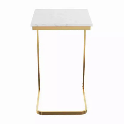 Lavish Home C-Shaped End Table - Real Marble Side Table with Gold Iron Frame for Couch, Loveseat or Bed - Modern Living Room Furniture, White