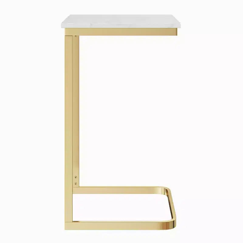 Lavish Home C-Shaped End Table - Real Marble Side Table with Gold Iron Frame for Couch, Loveseat or Bed - Modern Living Room Furniture, White
